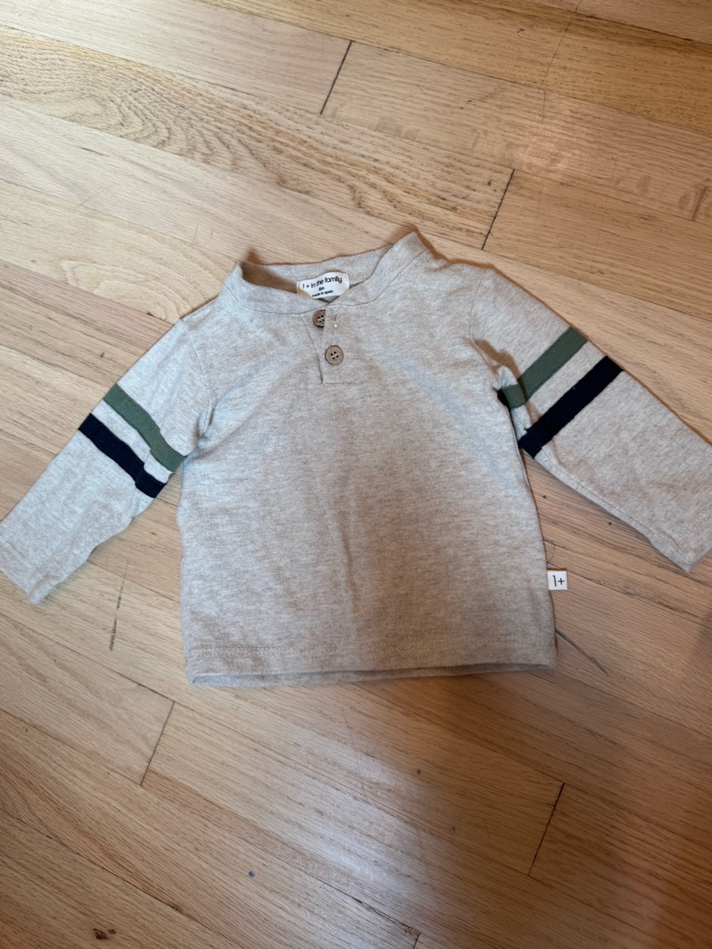 Baby Gray Long-Sleeve Henley Tee with Green & Navy Stripes
